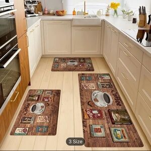 “Coffee” print kitchen rugs.  Set of 3.  Sizes in the pictures.